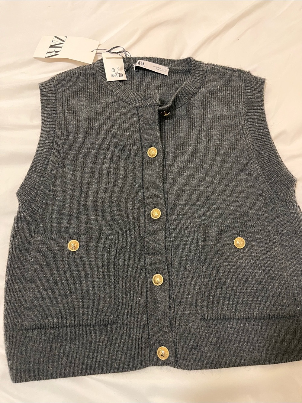 ZARA Grey Knit Sleeveless Cardigan Vest with Gold Buttons NEW